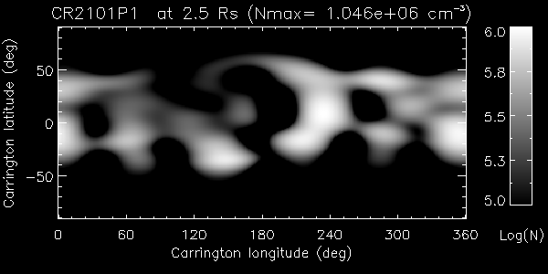 Coronal electron density at a height of 2.5 R_sun during the first half of Carrington rotation 2101
